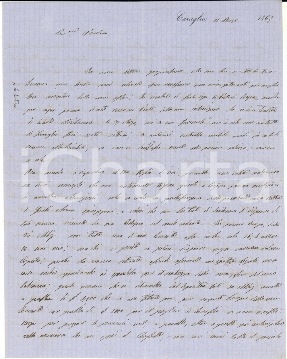 Autografo originale 1864 CARAGLIO Conte Pio D AGLIANO a Faustino ROCCI su obbligazioni  AUTOGRAFO 1