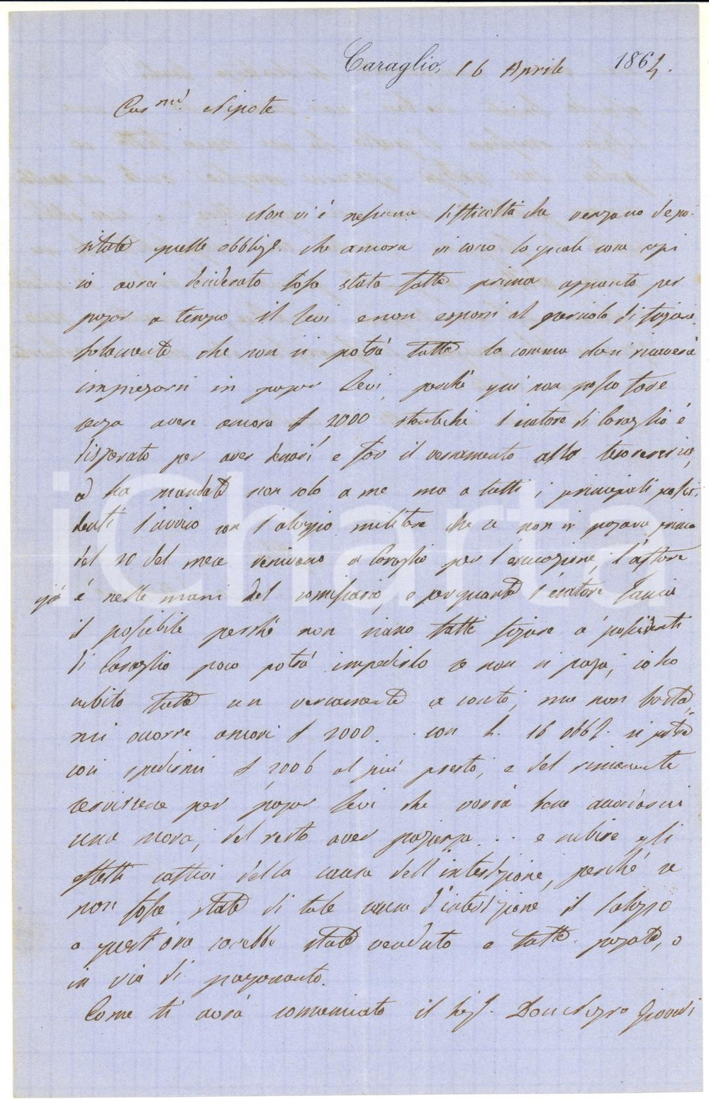 1864 CARAGLIO Conte Pio D'AGLIANO pressato dall'esattore locale *AUTOGRAFO
