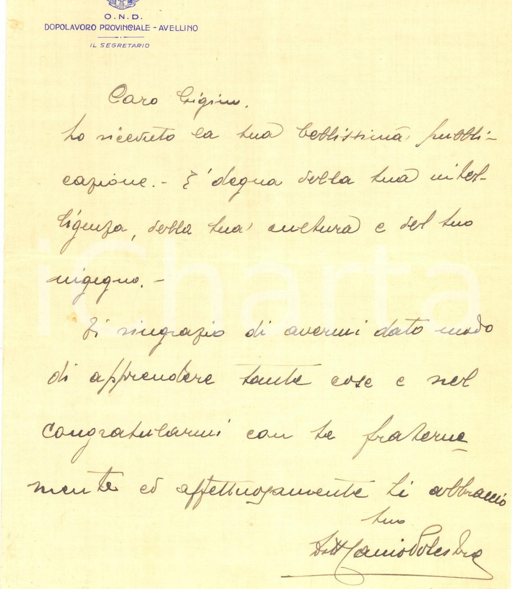 Autografo originale 1937 OND AVELLINO Lettera segretario Canio POLESTRA per libro ricevuto AUTOGRAFO 1