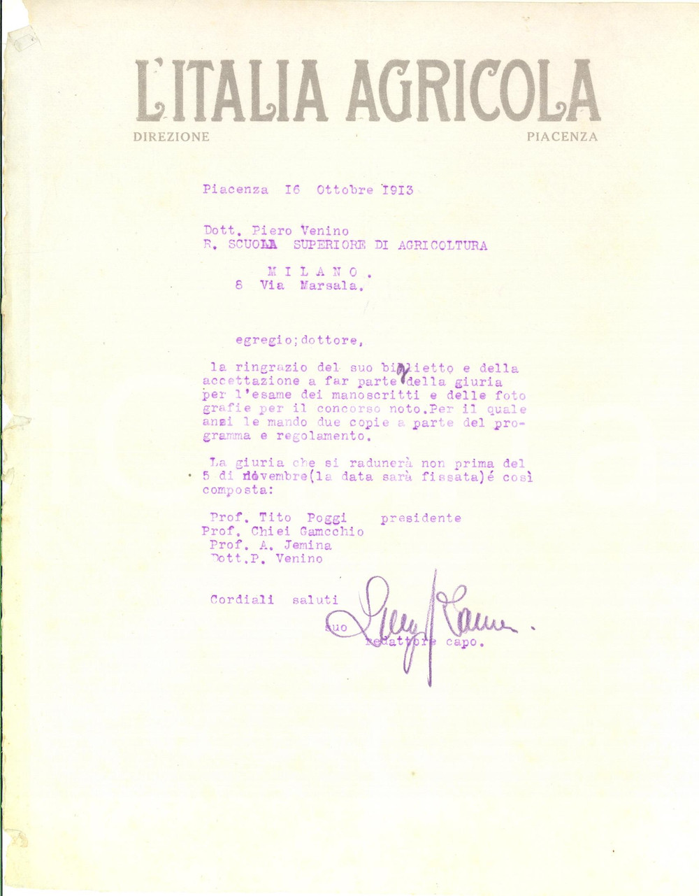 1913 PIACENZA L'ITALIA AGRICOLA Lettera Luigi RAINERI per giuria - Autografo
