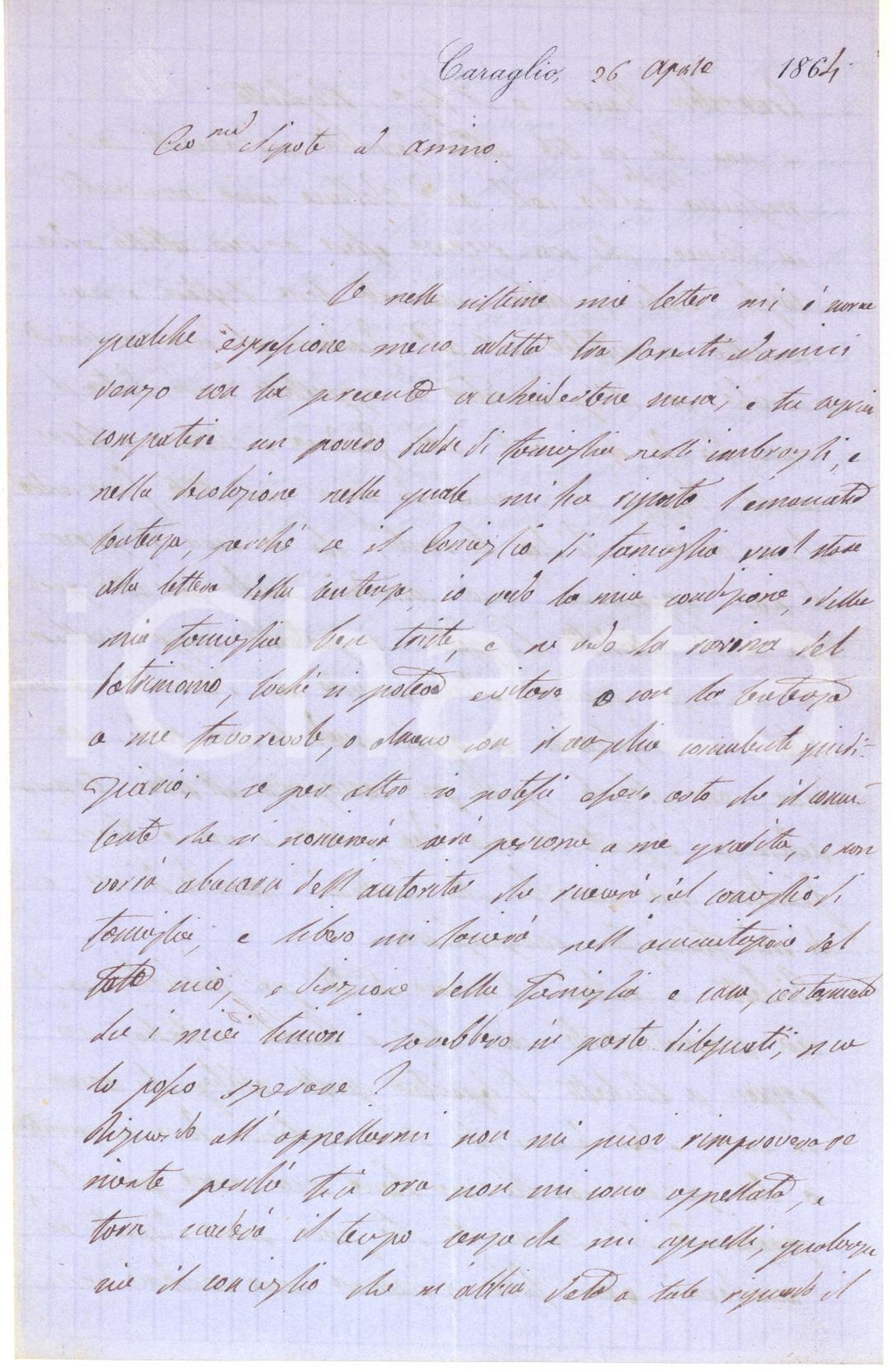 Autografo originale 1864 CARAGLIO Conte Pio D AGLIANO Mi vedo la rovina del patrimonio  AUTOGRAFO 1
