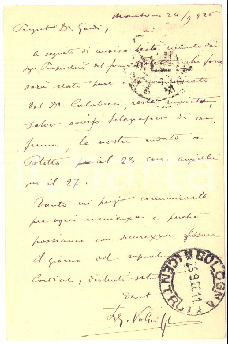 Autografo originale 1926 MANTOVA Cartolina ing. Giulio VOLPI GHILARDINI per rinvio viaggio AUTOGRAFO 1
