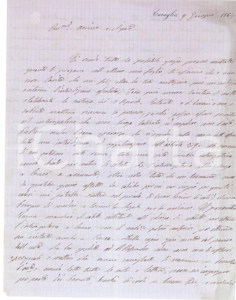 Autografo originale 1864 CARAGLIO Pio D AGLIANO ringrazia Faustino ROCCI per l aiuto  AUTOGRAFO 1