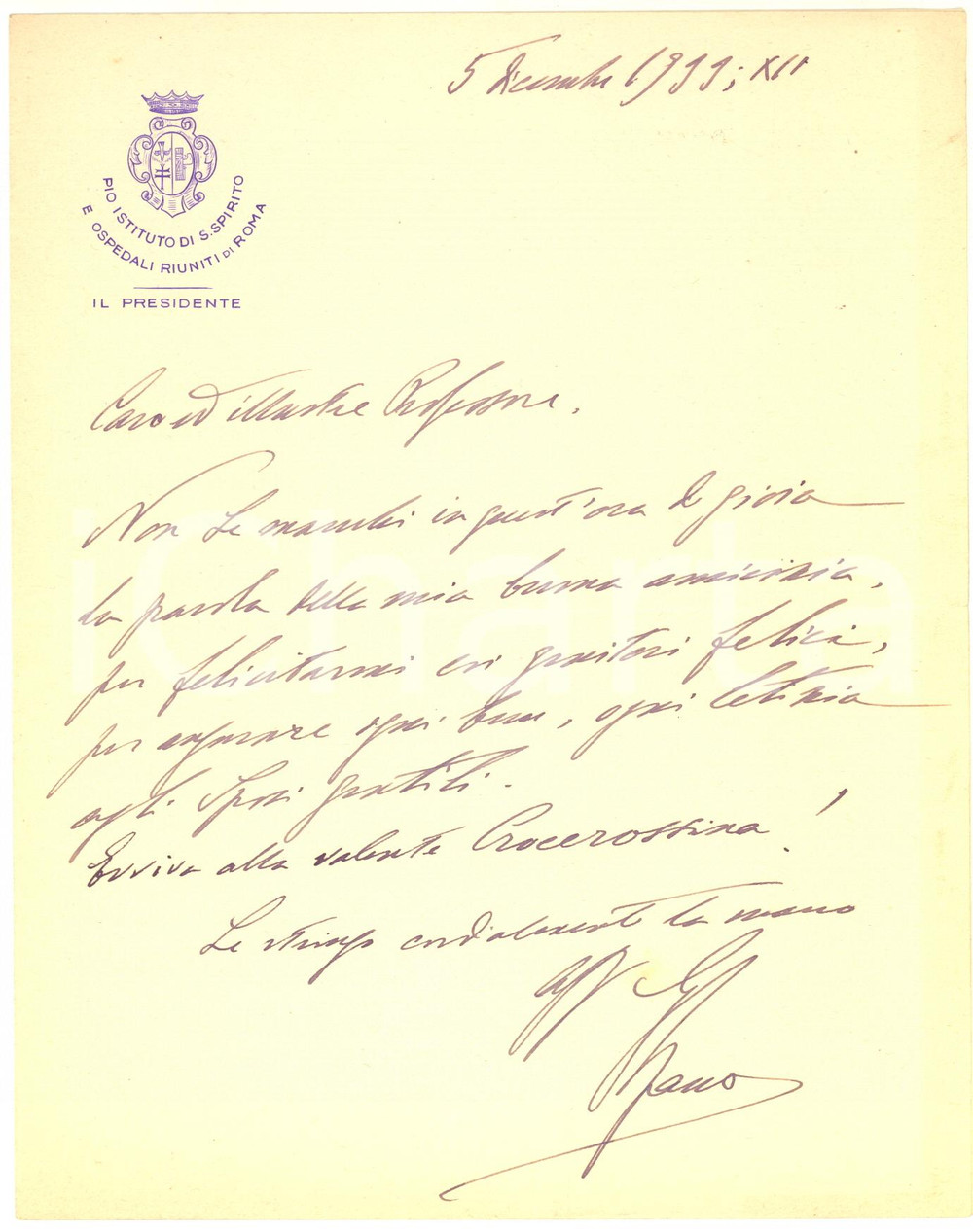 Autografo originale 1933 ROMA Ospedali Riuniti  Felicitazioni presidente Giuseppe SPANO  AUTOGRAFO 1