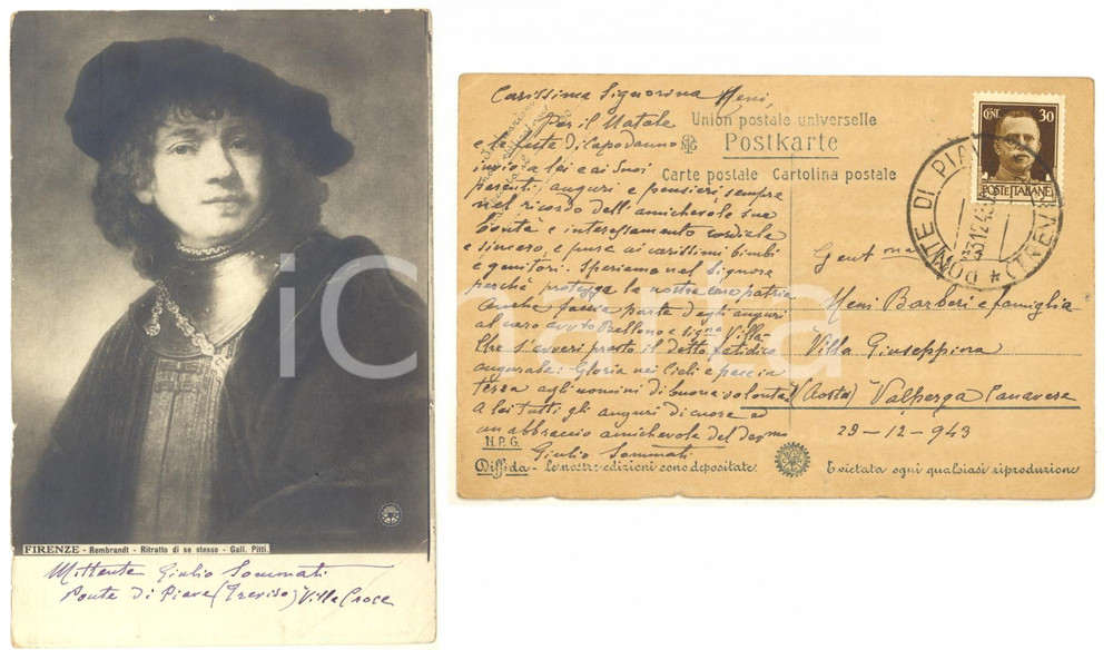 Autografo originale 1943 PONTE DI PIAVE Cartolina pittore Giulio SOMMATI  AUTOGRAFO FP VG 1