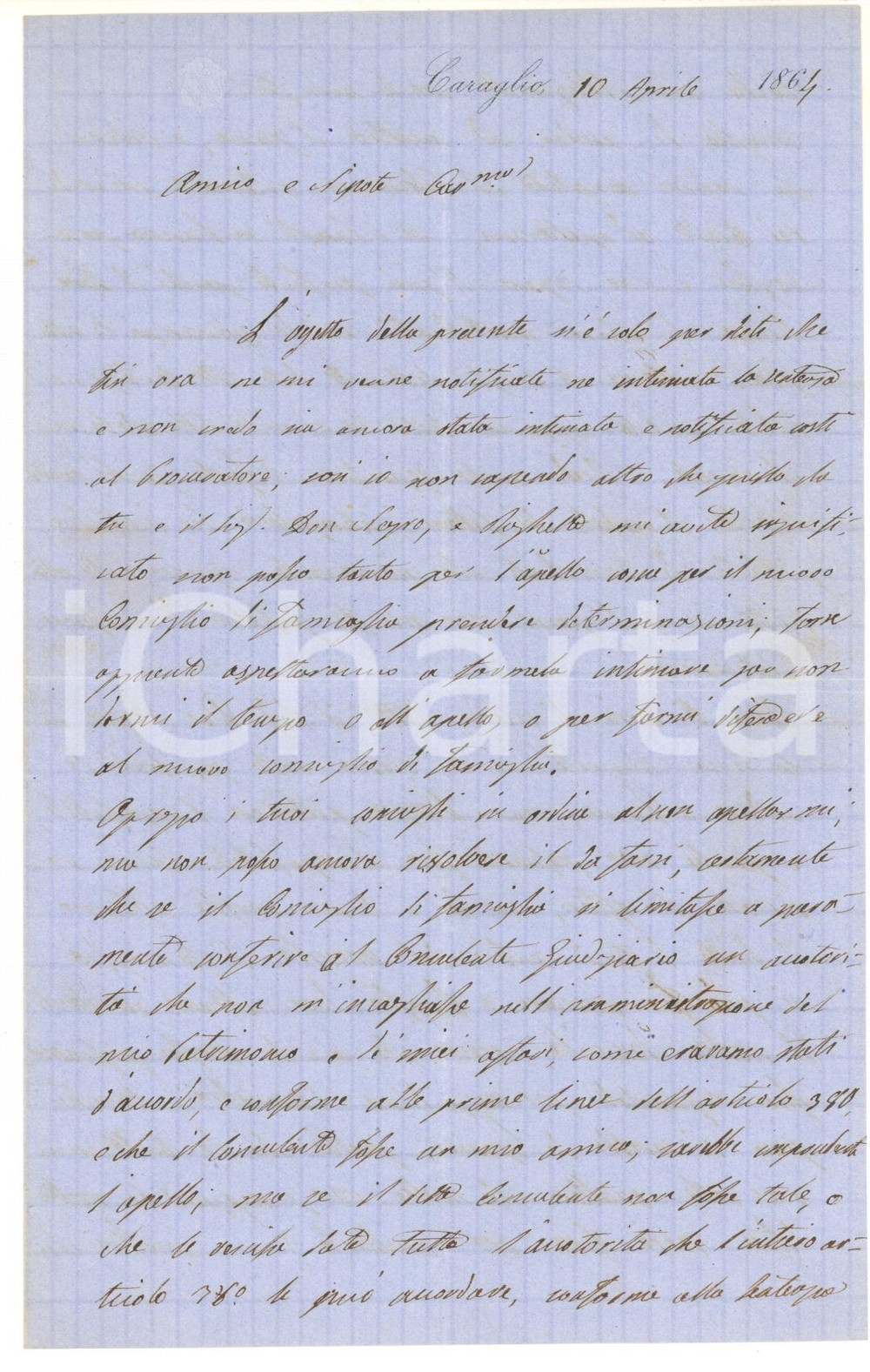 Autografo originale 1864 CARAGLIO Conte Pio D AGLIANO teme la rovina economica  AUTOGRAFO 1
