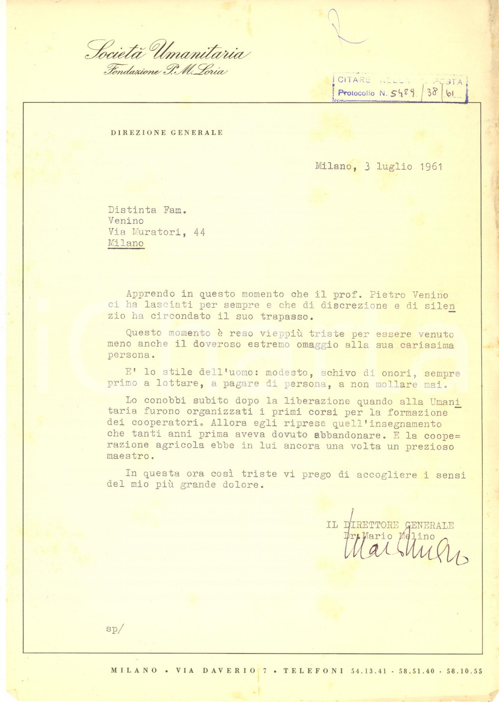 1961 MILANO Società Umanitaria - Lettera Mario MELINO per condoglianze AUTOGRAFO
