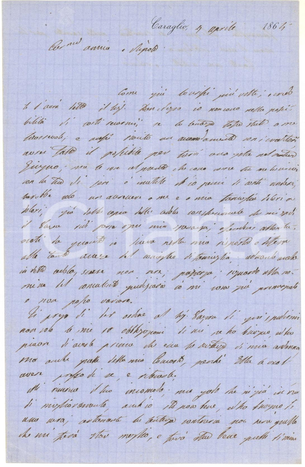 1864 CARAGLIO Conte Pio D'AGLIANO chiede aiuto a Faustino ROCCI - AUTOGRAFO