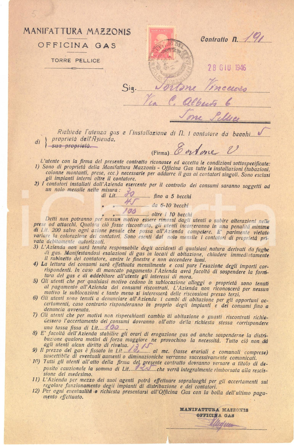 1946 TORRE PELLICE Manifattura MAZZONIS Officina Gas - Contratto utenza