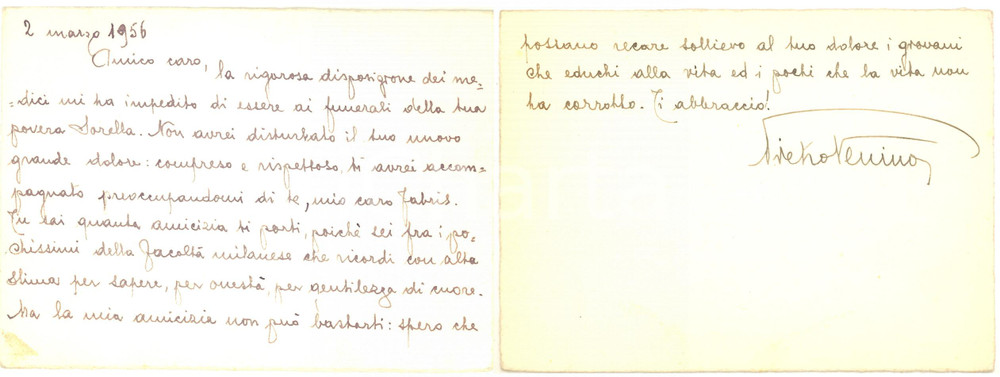 1956 s. l. Biglietto Pietro VENINO per condoglianze - AUTOGRAFO 16x12 cm