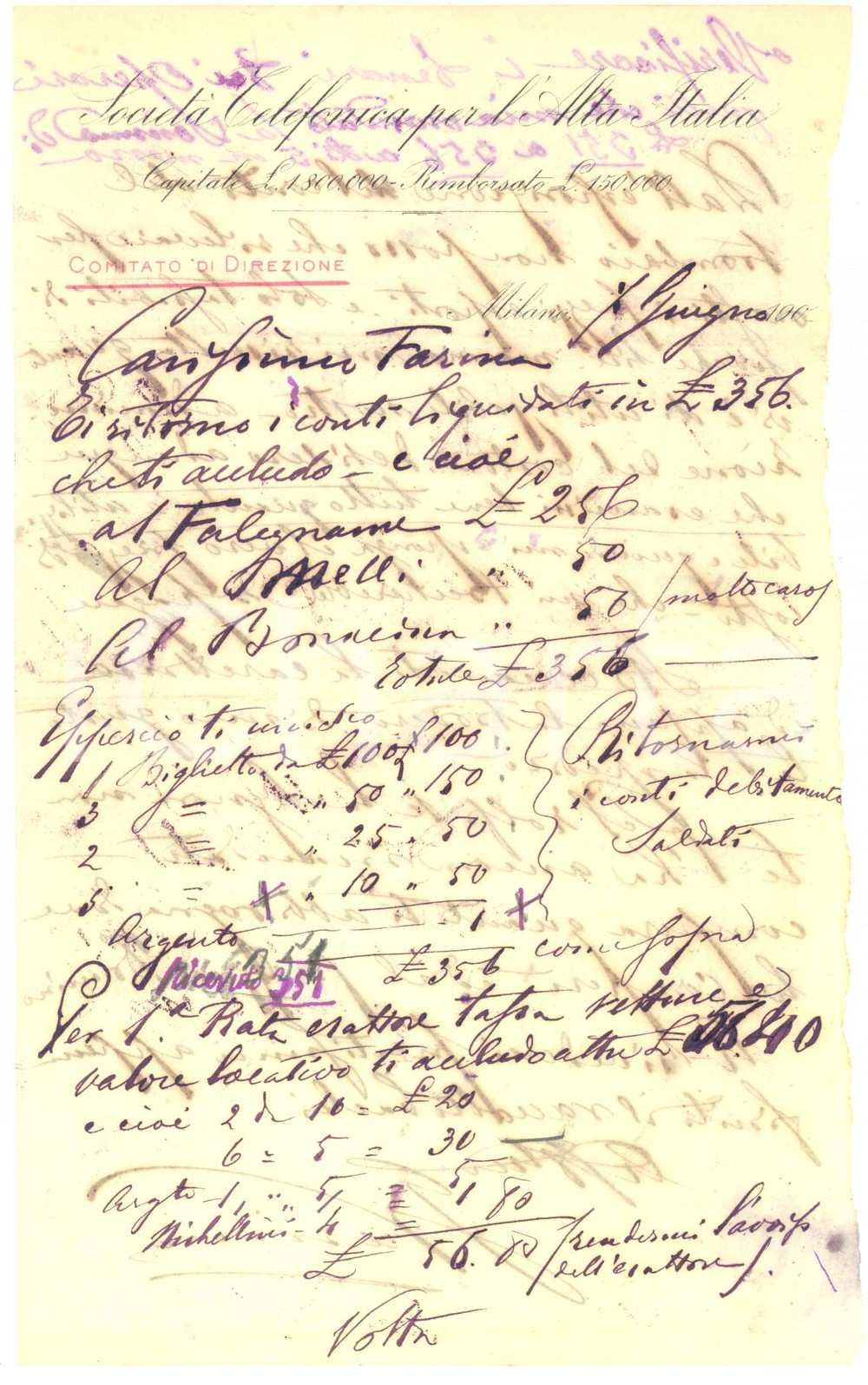 Autografo originale 1905 MILANO Lettera Giulio VENINO Società Telefonica Alta Italia   AUTOGRAFO 1