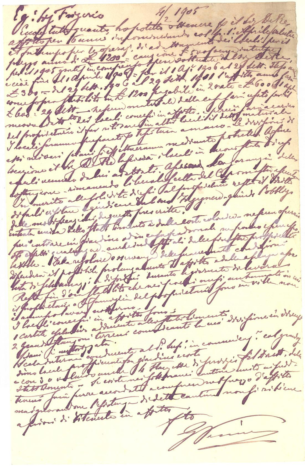 Autografo originale 1905 MILANO Lettera Giulio VENINO per condizioni di affitto a DEL RE  AUTOGRAFO 1