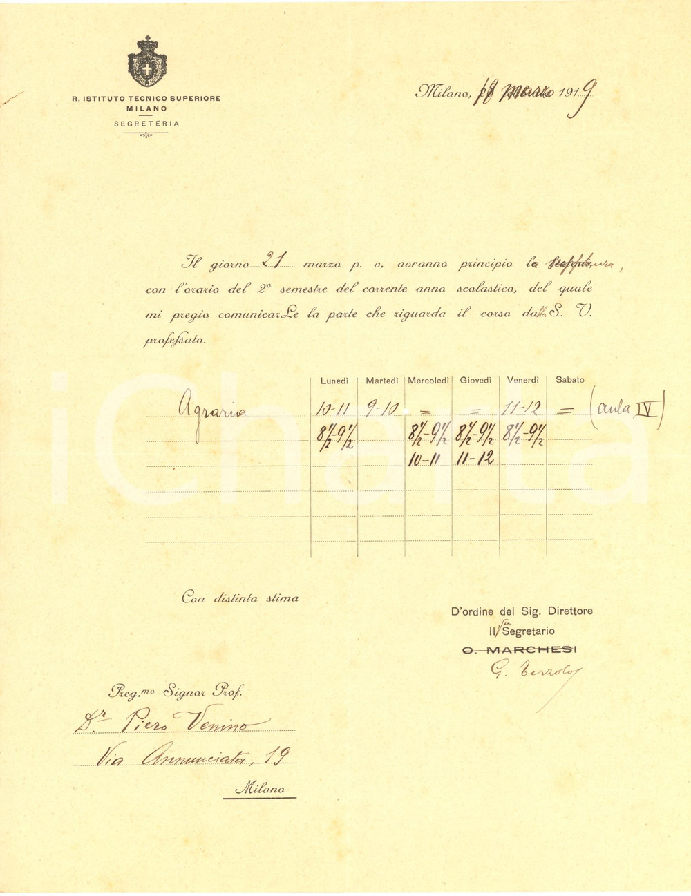 Documento originale, autentico 1919 MILANO Regio Istituto Tecnico Superiore  Lettera per orario corso Agraria 1