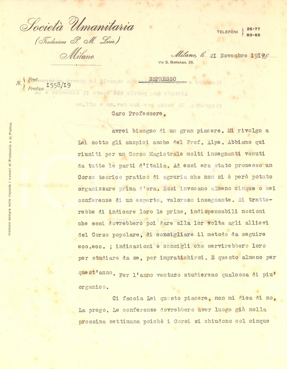 Autografo originale 1919 MILANO Società Umanitaria  Lettera direttore Augusto OSIMO  AUTOGRAFO 1