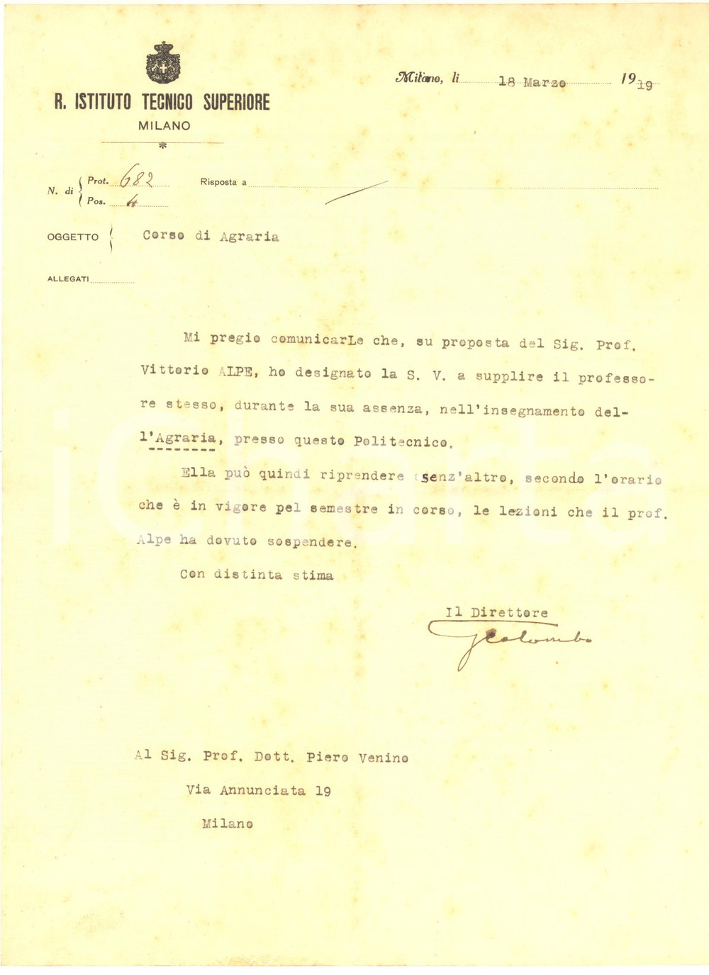 Autografo originale 1919 MILANO R. Istituto tecnico Superiore  Lettera Giuseppe COLOMBO  AUTOGRAFO 1