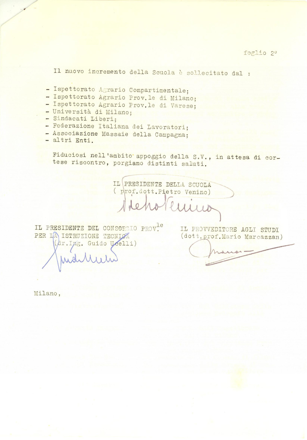 1960 ca MILANO Scuola Agraria Femminile - Invito alla sottoscrizione AUTOGRAFI