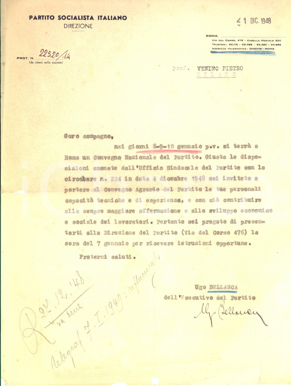 Autografo originale 1948 ROMA Partito Socialista  Ugo BELLANCA per Convegno Agrario  AUTOGRAFO 1