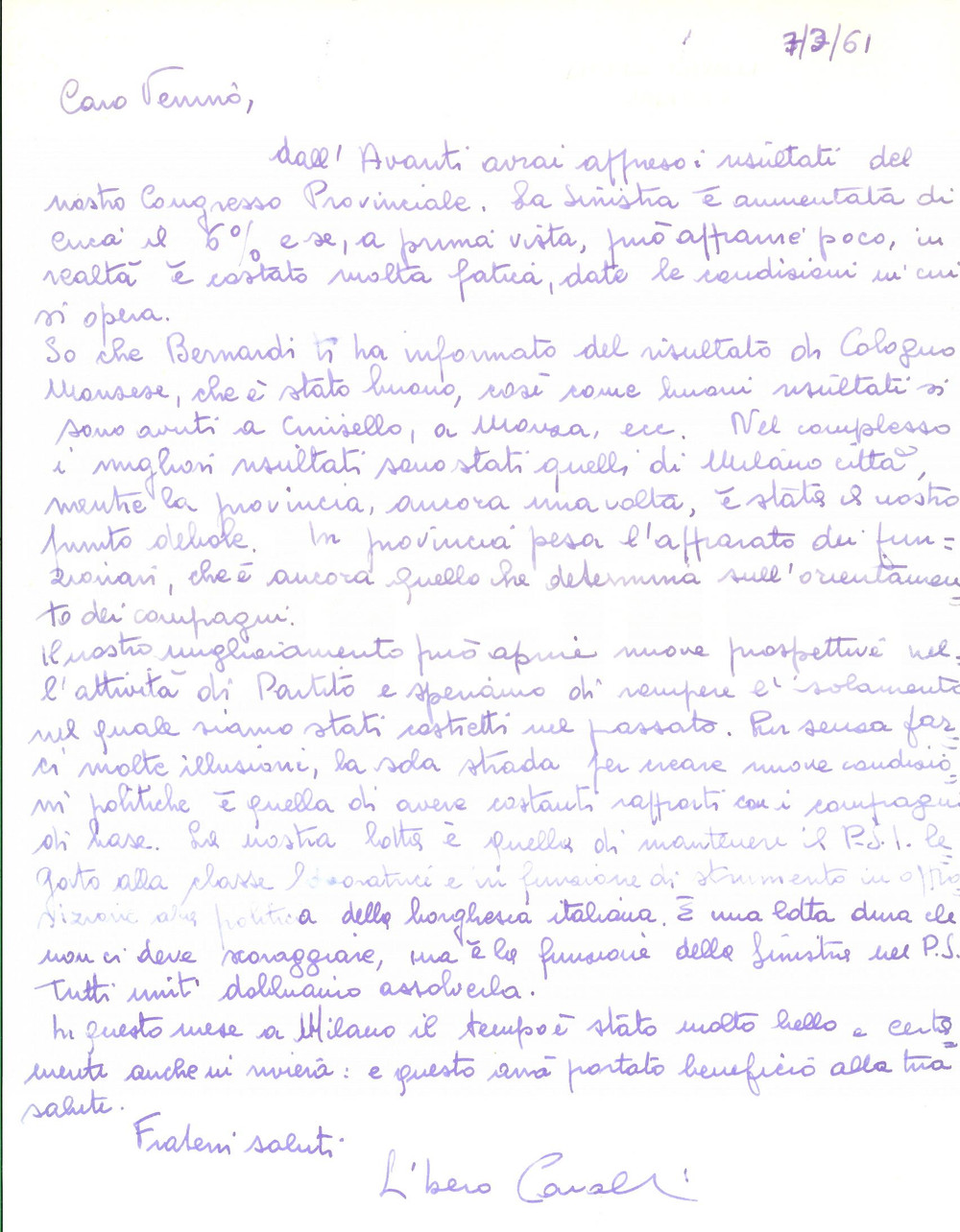 1961 MILANO PSI Lettera Libero CAVALLI sul congresso provinciale - AUTOGRAFO
