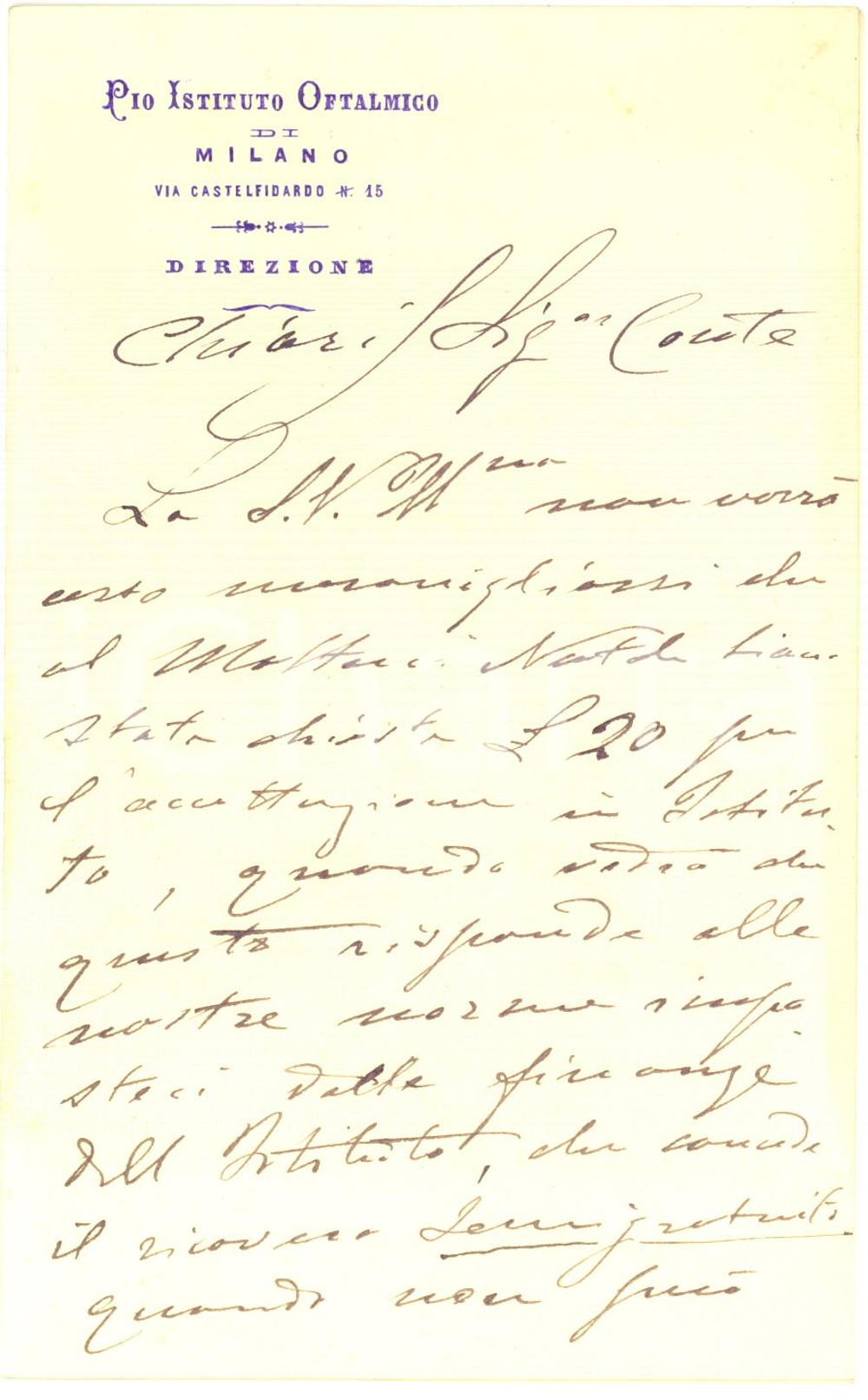 1900 ca MILANO Pio istituto Oftalmico - Lettera direttore Luigi FERRI *AUTOGRAFO