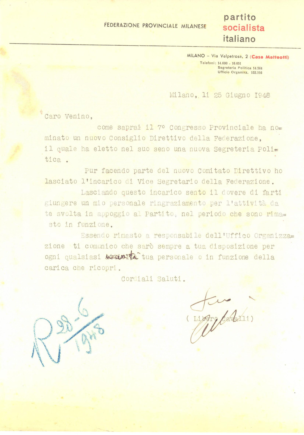 1948 MILANO Partito Socialista - Lettera Libero CAVALLI per direttivo *AUTOGRAFO