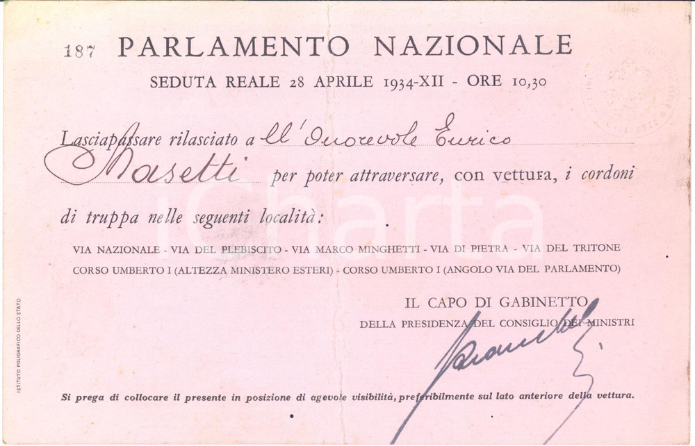 Documento originale, autentico 1934 ROMA Parlamento Nazionale  Seduta Reale  Lasciapassare DANNEGGIATO 1