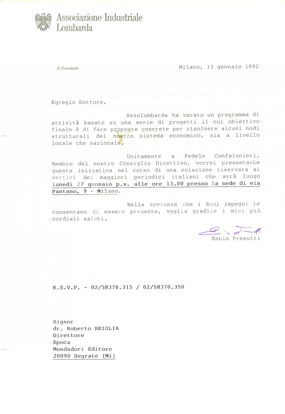Autografo originale 1992 MILANO Associazione Industriale Lombarda  Lettera Ennio PRESUTTI Autografo 1