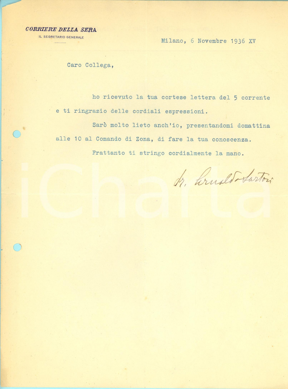 Autografo originale 1936 MILANO CORRIERE DELLA SERA Arnaldo SARTORI segretario generale  Autografo 1