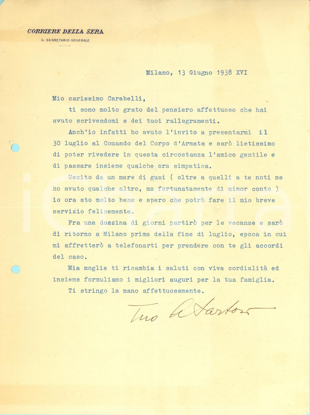 Autografo originale 1938 MILANO CORRIERE DELLA SERA Arnaldo SARTORI segretario generale  Autografo 1