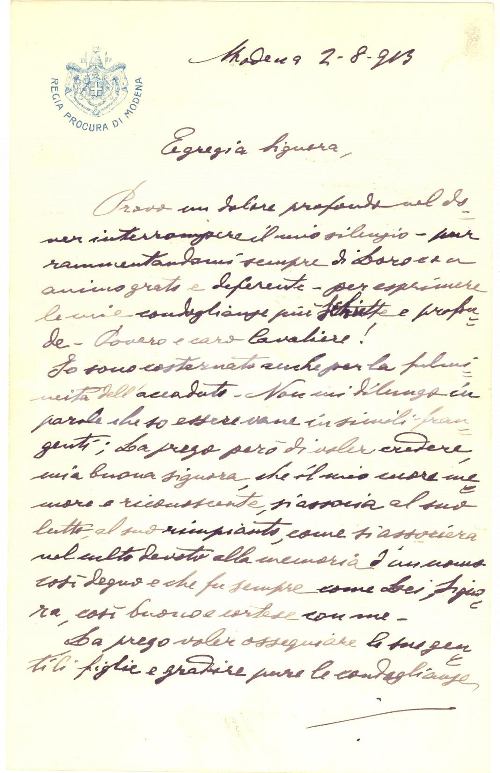 1913 MODENA Regia Procura - Lettera Mario MARCHIO' per condoglianze - AUTOGRAFO