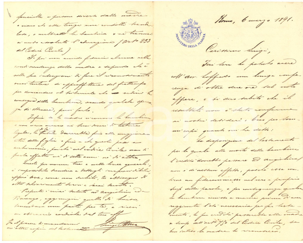 1891 ROMA Ministero della Marina - Lettera di Luigi OTTINA - AUTOGRAFO Lettera interamente autografa relativa a una questione familiare, su carta intestata.CONDIZIONI: G (ma piegatura centrale d'epoca)PAGINE: 4    originale e autentica 1