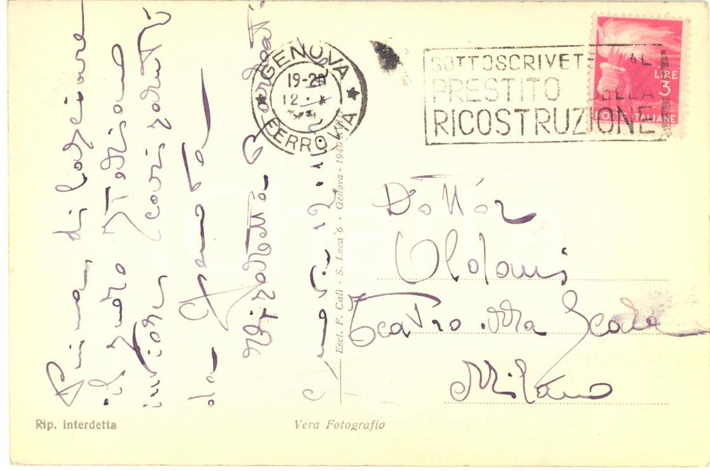 Autografo originale 1946 GENOVA Cartolina soprano Elisabetta BARBATI  AUTOGRAFO FP VG 1