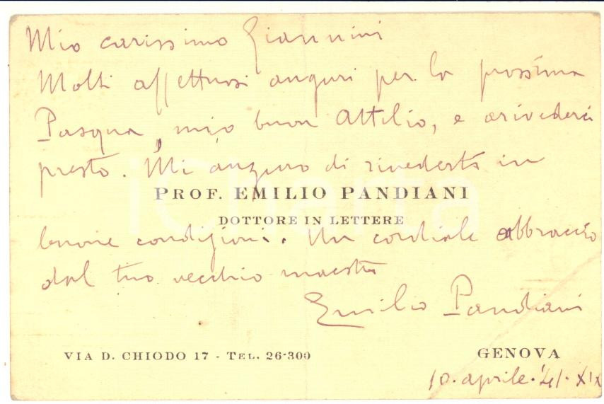 Autografo originale 1941 GENOVA Prof. Emilio PANDIANI  Biglietto da visita AUTOGRAFO DANNEGGIATO 1