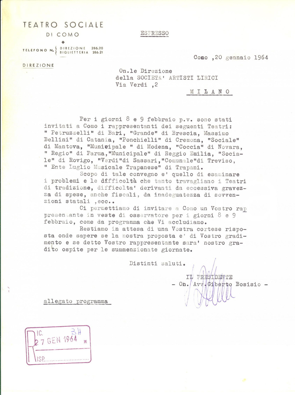 1964 COMO TEATRO SOCIALE Lettera Giberto BOSISIO presidente - AUTOGRAFO
