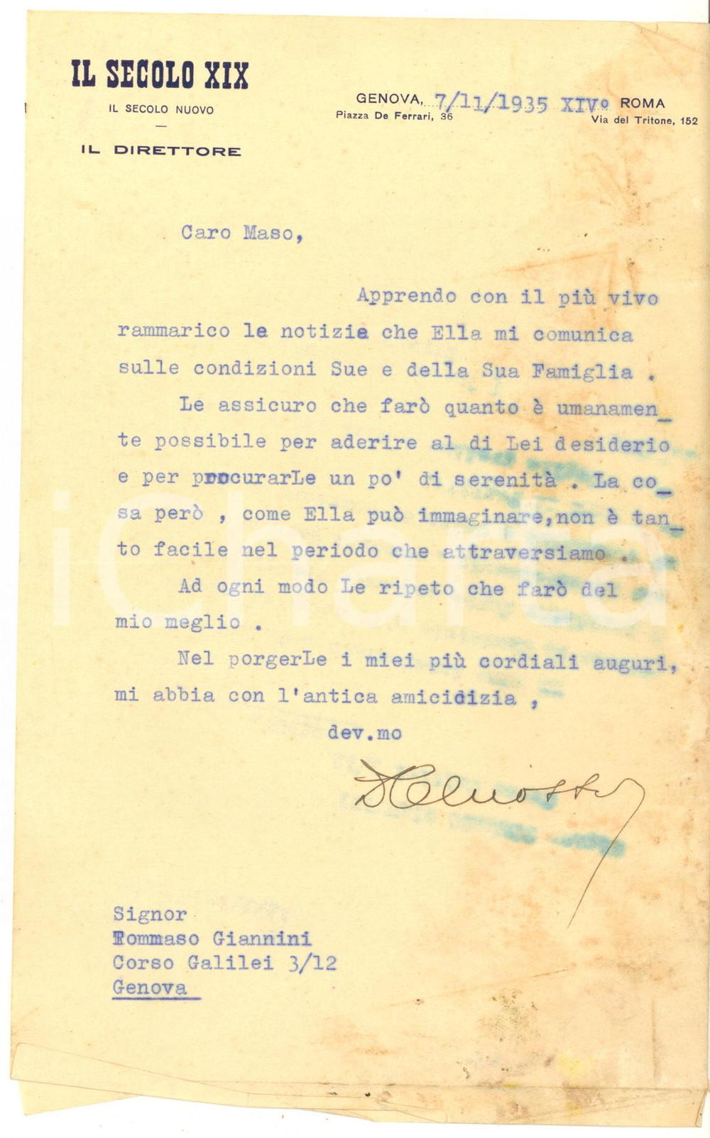 1935 GENOVA IL SECOLO XIX Lettera David CHIOSSONE - AUTOGRAFO DANNEGGIATO