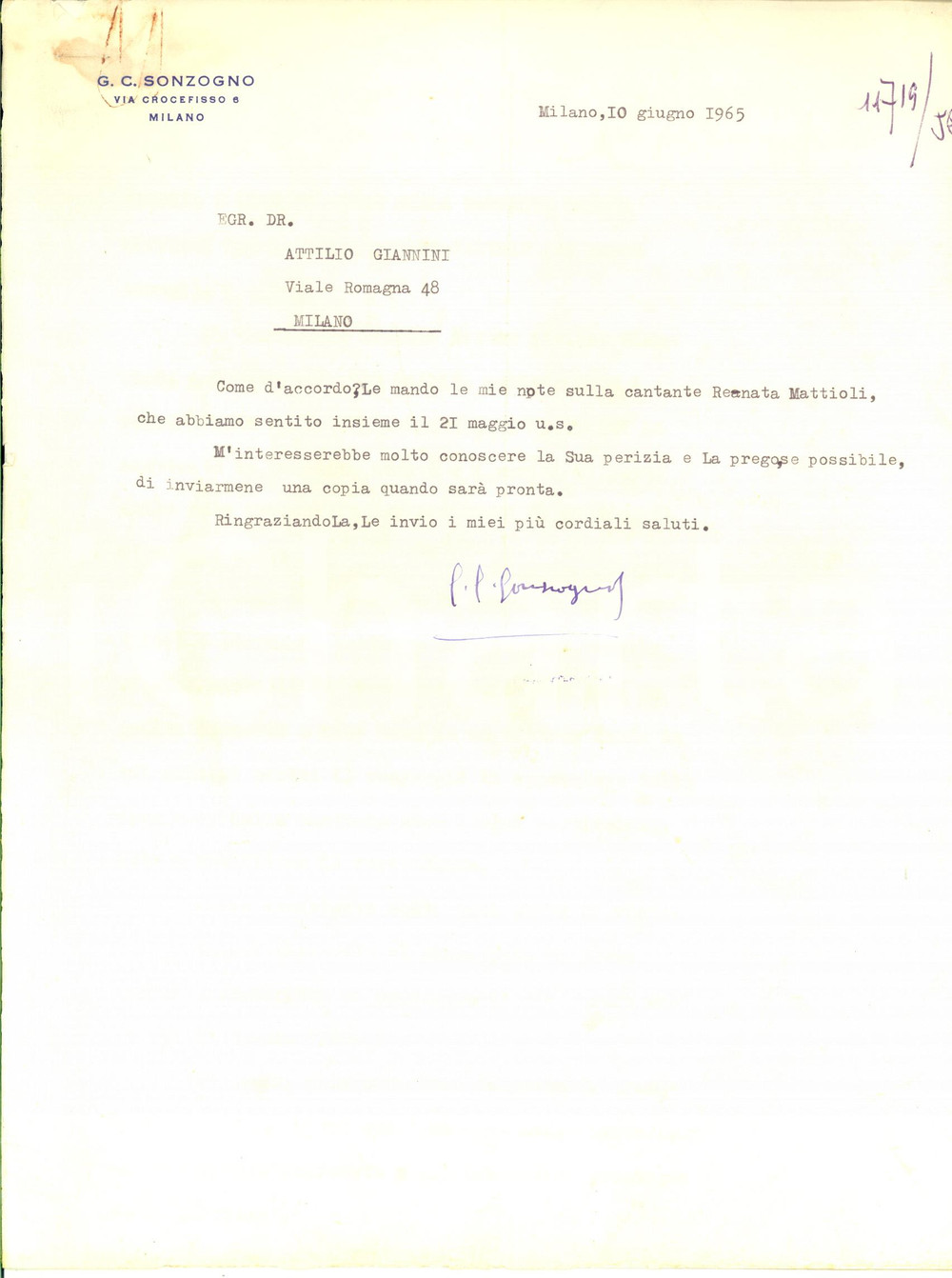 1965 MILANO Giulio Cesare SONZOGNO - Difficoltà e avances nella lirica AUTOGRAFO