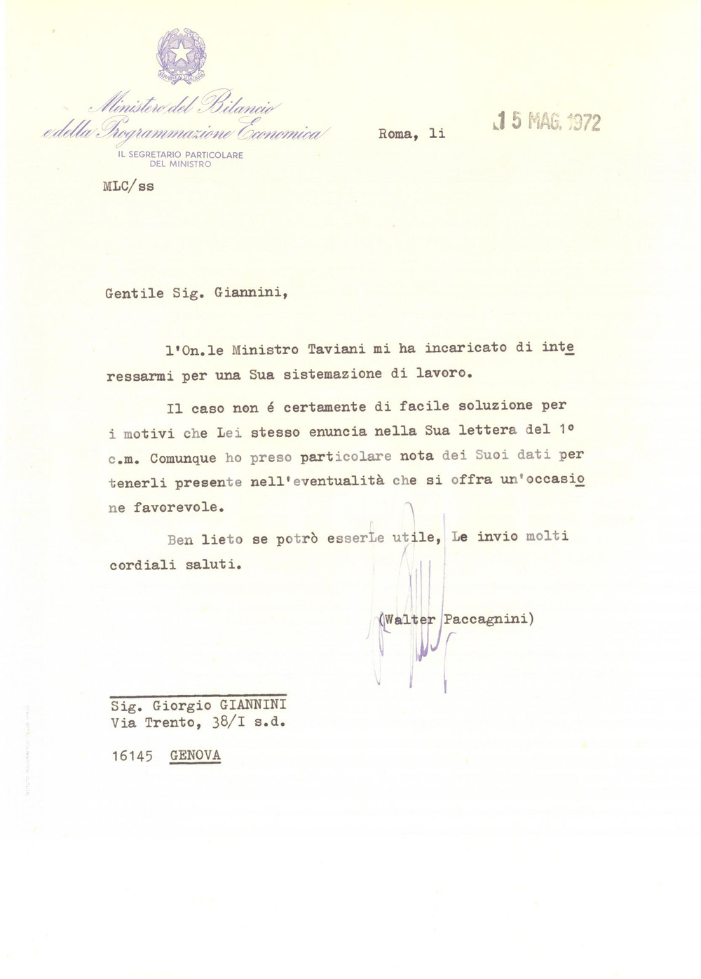1972 ROMA Camera dei Deputati - Lettera Walter PACCAGNINI per pratica- AUTOGRAFO