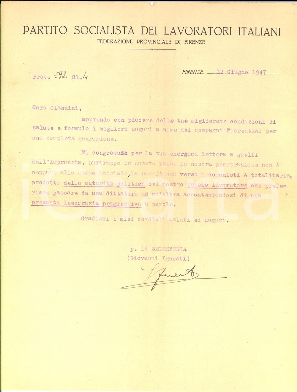1947 FIRENZE PARTITO SOCIALISTA Lettera Giovanni IGNESTI sui comunisti AUTOGRAFO