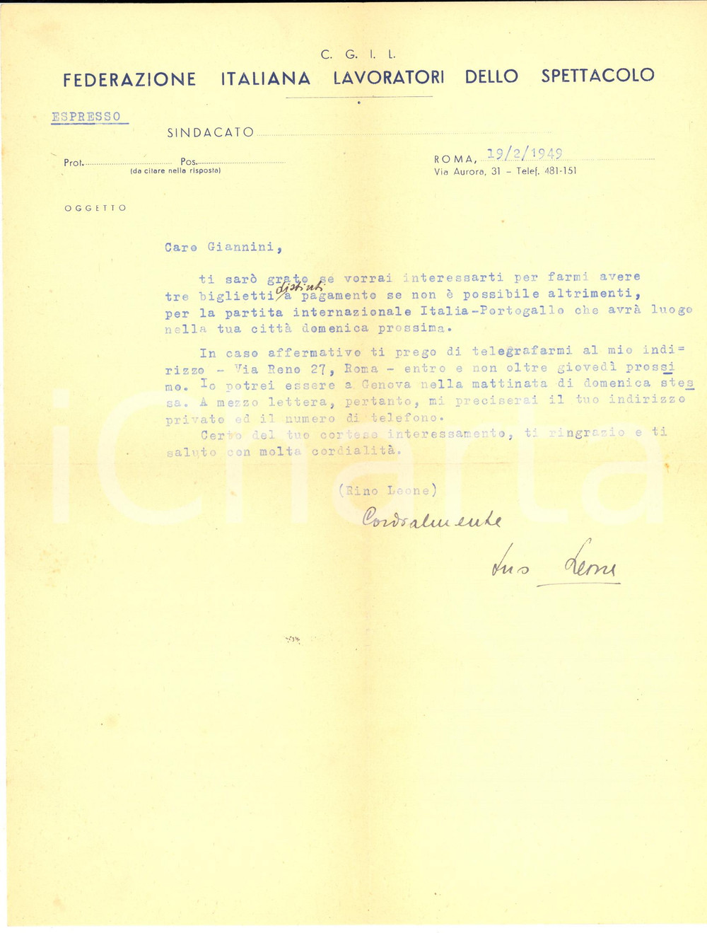 1949 ROMA FILS Lettera Rino LEONE per i biglietti della Nazionale - AUTOGRAFO