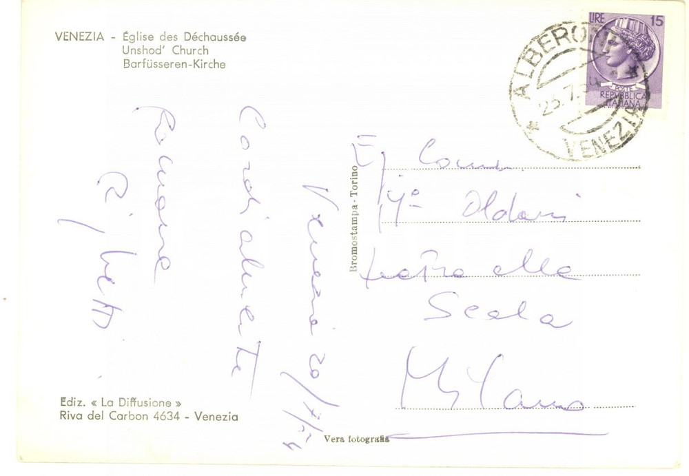1954 VENEZIA Cartolina soprano Romana RIGHETTI a Luigi OLDANI - AUTOGRAFO FG VG