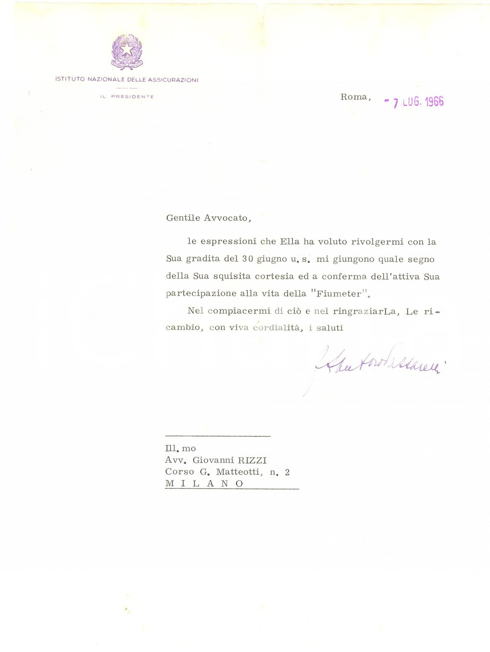 1966 ROMA INA Lettera presidente Francesco SANTORO-PASSARELLI - AUTOGRAFO