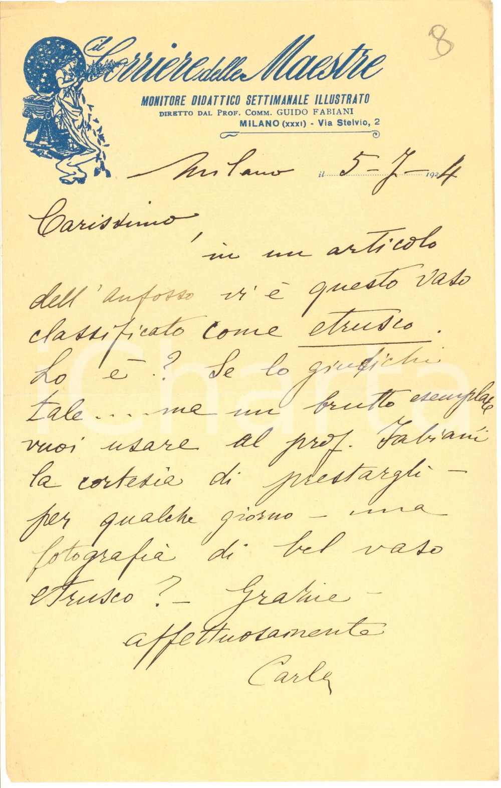 1924 MILANO CORRIERE DELLE MAESTRE Lettera per immagine a Guido Fabiani