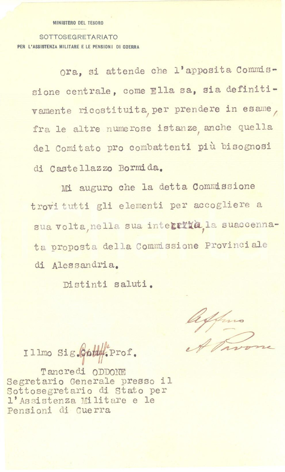 1920 ca ROMA MINISTERO DEL TESORO Lettera A. PAVONE pro combattenti - AUTOGRAFO