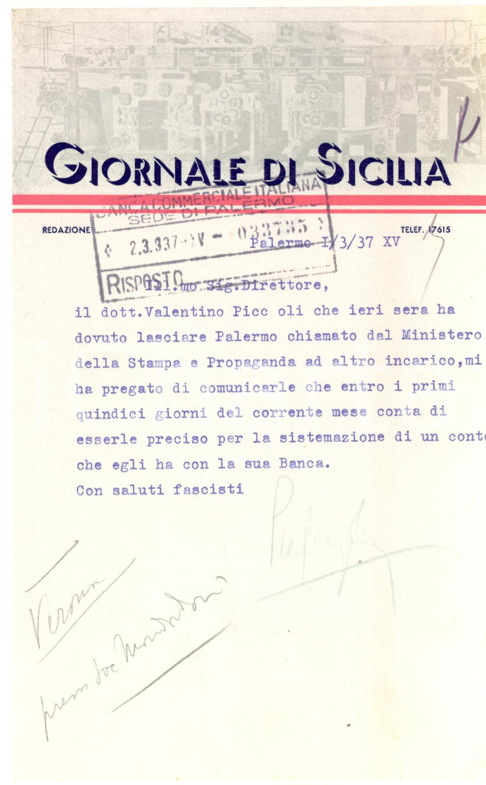 1937 PALERMO GIORNALE DI SICILIA Lettera per sistemazione conti *Carta intestata