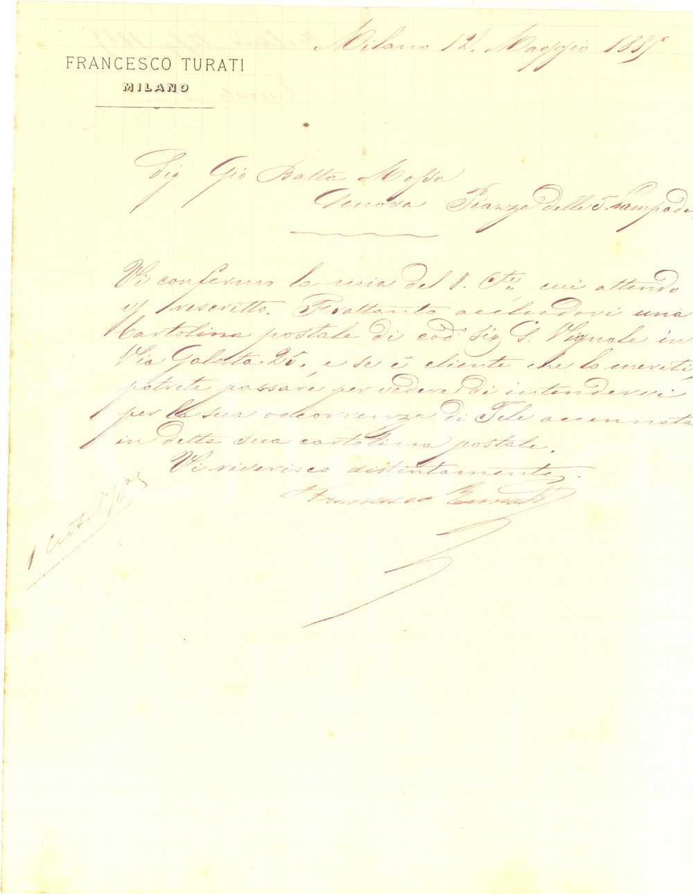 1885 MILANO Lettera Francesco TURATI per trattativa commerciale - AUTOGRAFO