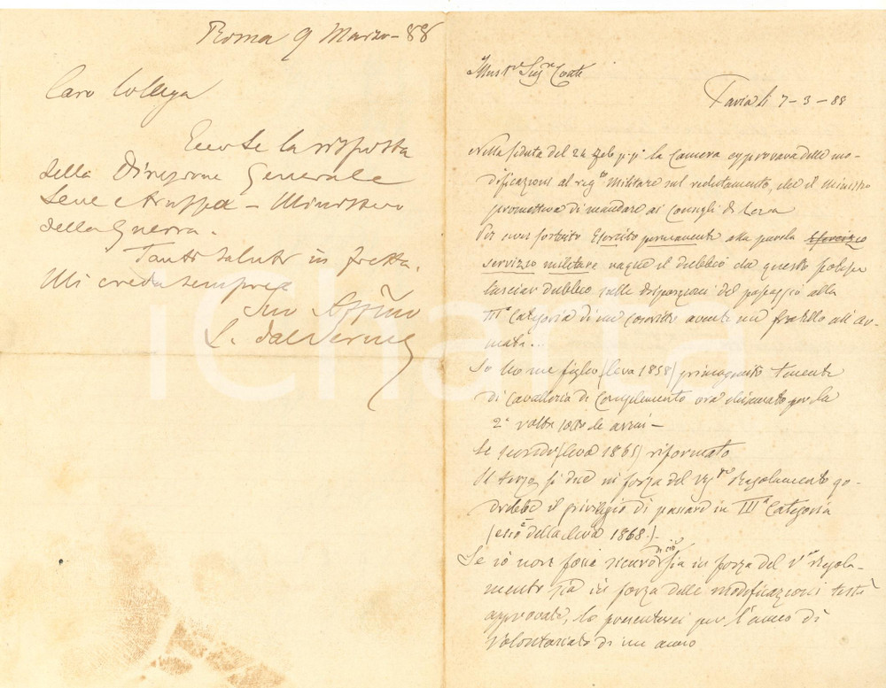 1888 PAVIA Rinaldo ORLANDI - On. Luchino DAL VERME per reclutamento *Autografo