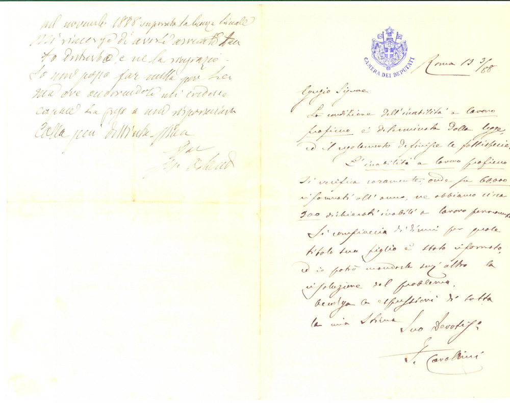 1888 ROMA Lettere on. Filippo CAVALLINI - Rinaldo ORLANDI su inabilità AUTOGRAFI