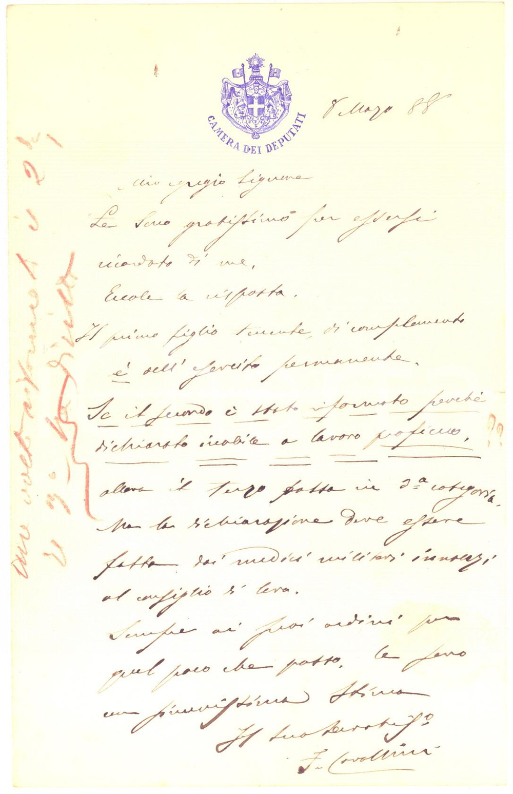 1888 ROMA Lettera on. Filippo CAVALLINI su riforma di un militare - AUTOGRAFO