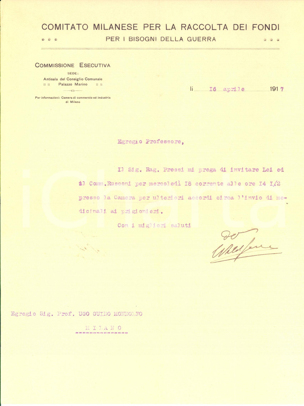 1917 MILANO Lettera Comitato Milanese Raccolta Fondi per i bisogni della guerra