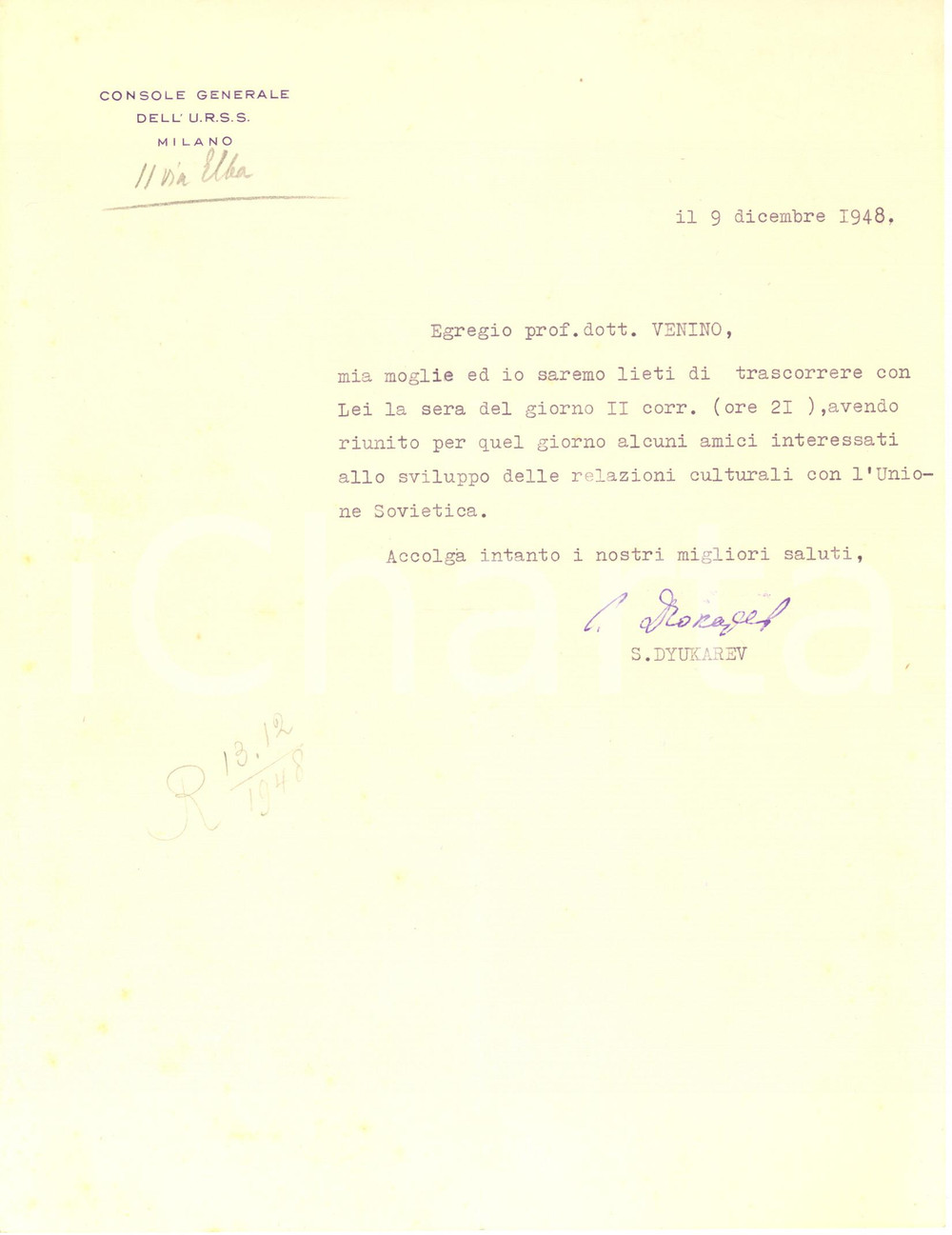 1948 MILANO Lettera S. DYUKAREV console generale dell'URSS - AUTOGRAFO