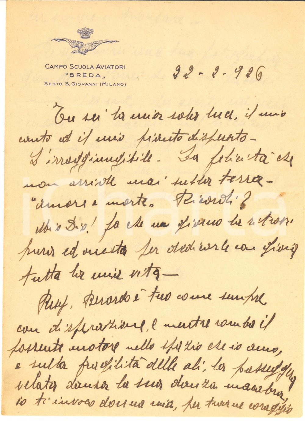 1926 SESTO SAN GIOVANNI Campo Scuola Aviatori BREDA Lettera d'amore di ufficiale